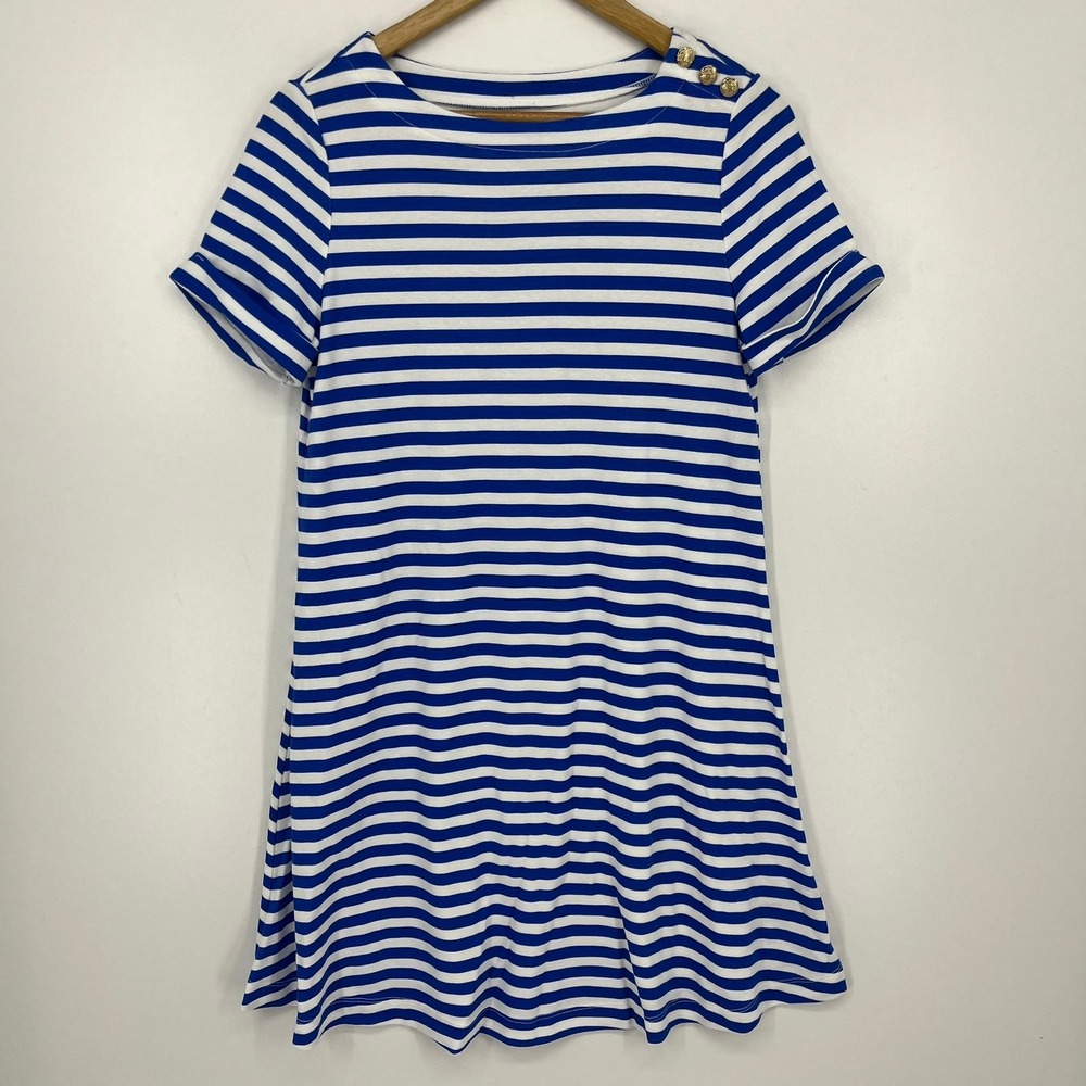 Croft‎ & Barrow Blue Striped Nautical T-Shirt Dress Petite Small PS Gold Button